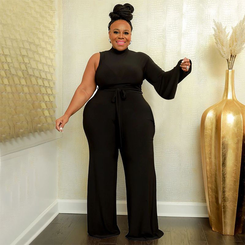 European and American fashion plus size women's clothing Amazon cross-border supply solid color strap diagonal shoulder trumpet sleeve jumpsuit