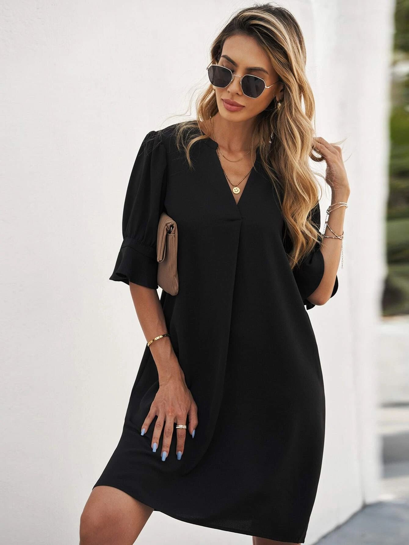 Shiying European and American Solid Color Shirt Skirt Women's Spring/Summer New Solid Color Trendy V-neck Ice Silk Wrinkle Dress