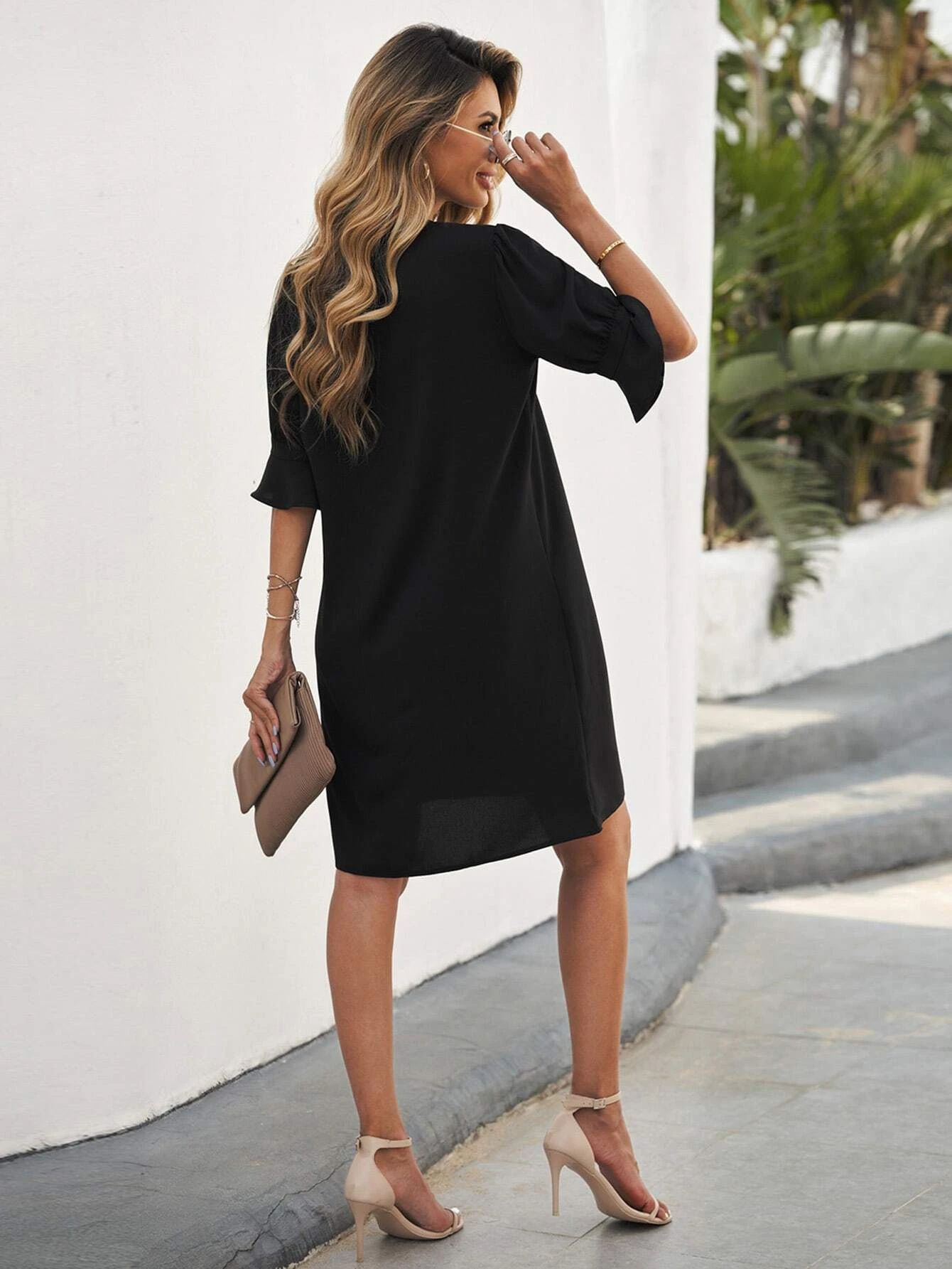 Shiying European and American Solid Color Shirt Skirt Women's Spring/Summer New Solid Color Trendy V-neck Ice Silk Wrinkle Dress