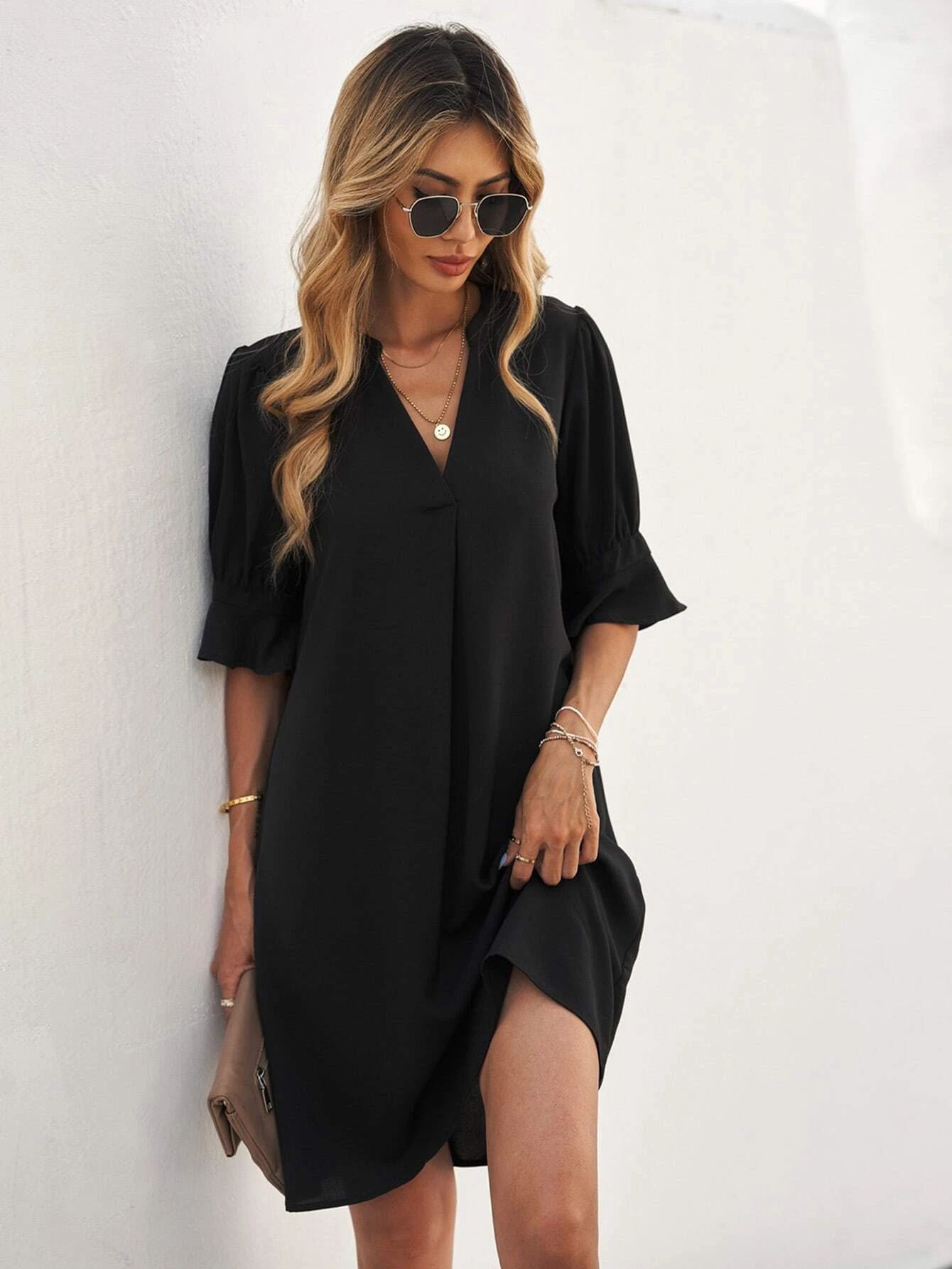 Shiying European and American Solid Color Shirt Skirt Women's Spring/Summer New Solid Color Trendy V-neck Ice Silk Wrinkle Dress