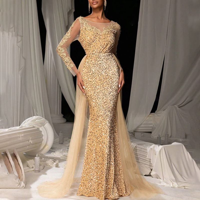 European and American women's ball dress, long skirt, fashionable and elegant temperament, long lace party evening dress