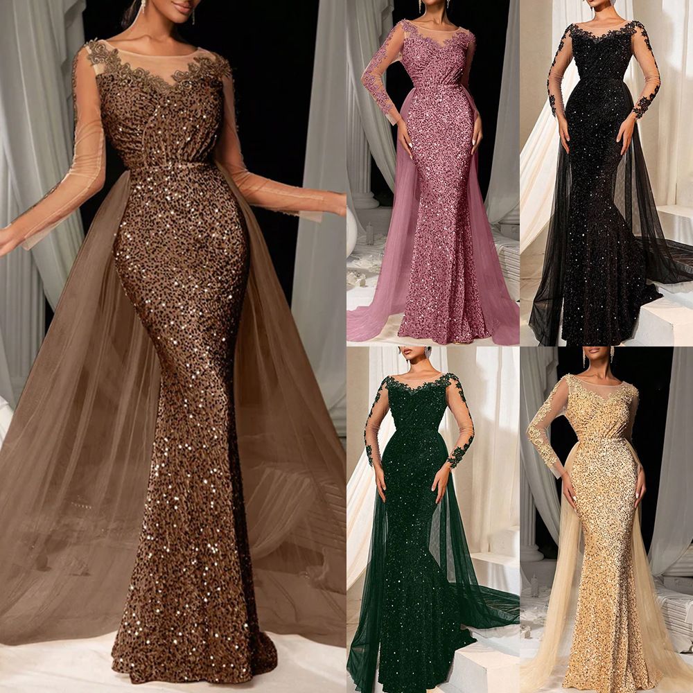 European and American women's ball dress, long skirt, fashionable and elegant temperament, long lace party evening dress