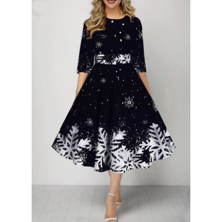 Ladies and socialites, European and American women's clothing, new fashionable snowflake digital print temperament, mid sleeve waist cinched dress