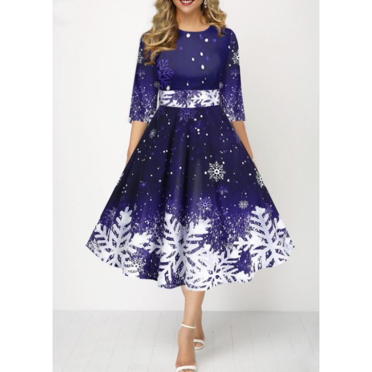 Ladies and socialites, European and American women's clothing, new fashionable snowflake digital print temperament, mid sleeve waist cinched dress