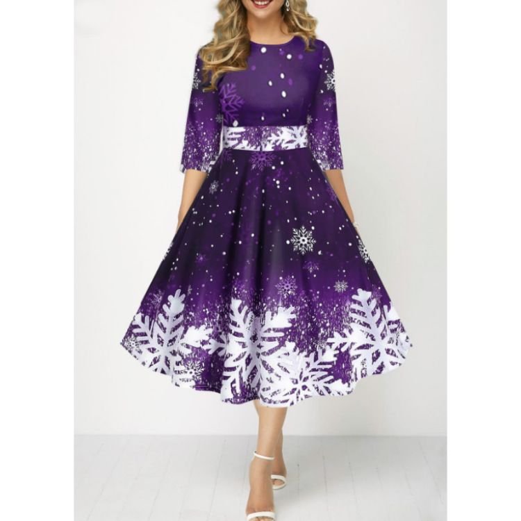 Ladies and socialites, European and American women's clothing, new fashionable snowflake digital print temperament, mid sleeve waist cinched dress