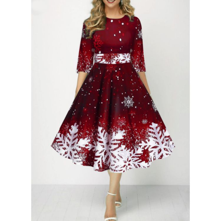 Ladies and socialites, European and American women's clothing, new fashionable snowflake digital print temperament, mid sleeve waist cinched dress