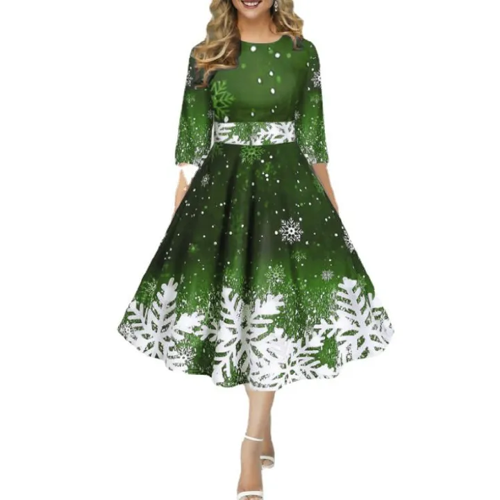 Ladies and socialites, European and American women's clothing, new fashionable snowflake digital print temperament, mid sleeve waist cinched dress
