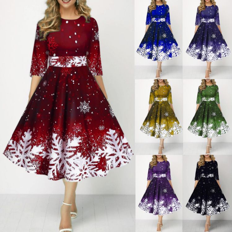 Ladies and socialites, European and American women's clothing, new fashionable snowflake digital print temperament, mid sleeve waist cinched dress