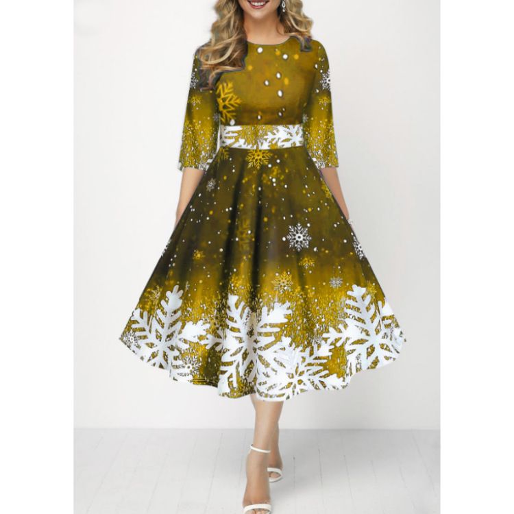 Ladies and socialites, European and American women's clothing, new fashionable snowflake digital print temperament, mid sleeve waist cinched dress