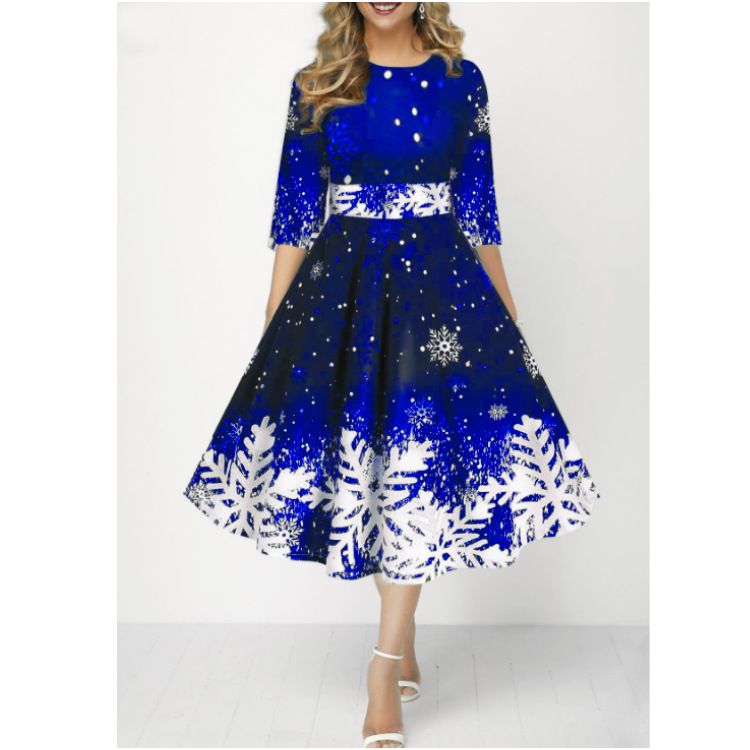 Ladies and socialites, European and American women's clothing, new fashionable snowflake digital print temperament, mid sleeve waist cinched dress