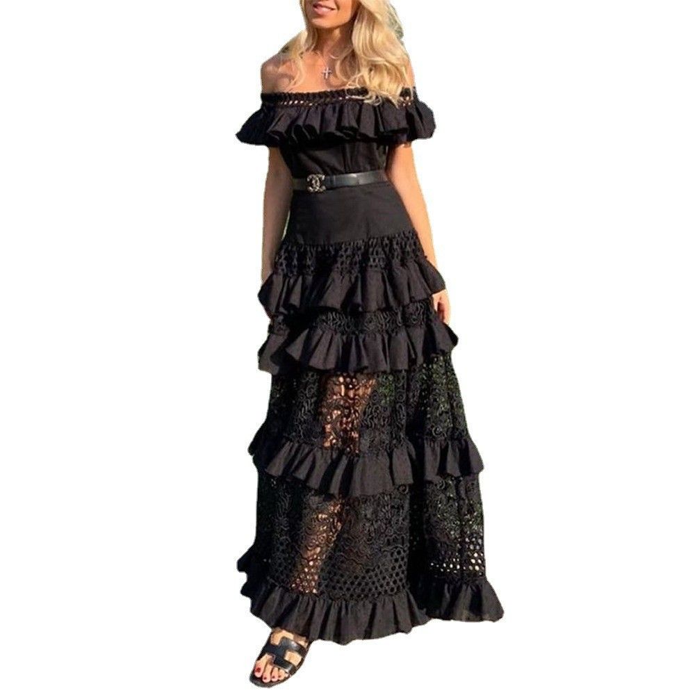New European and American foreign trade women's one shoulder lotus leaf edge hollow out lace dress long skirt