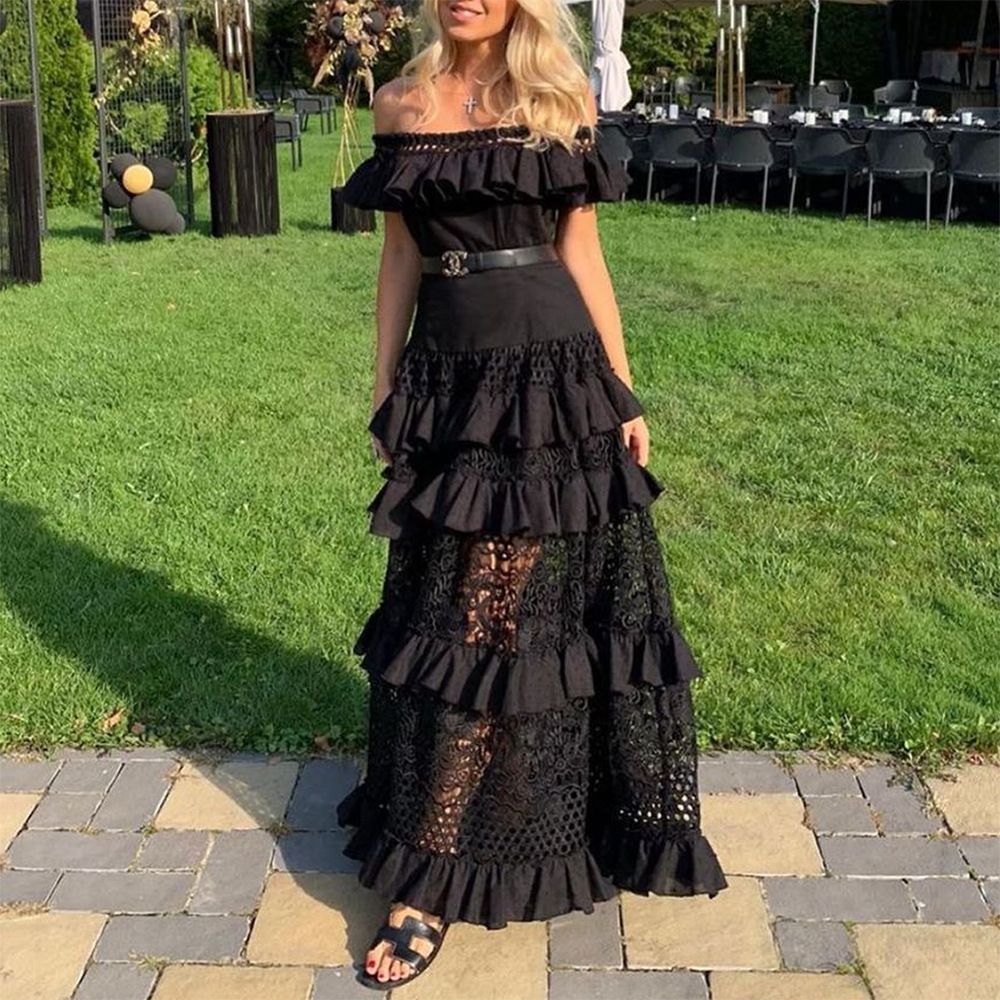 New European and American foreign trade women's one shoulder lotus leaf edge hollow out lace dress long skirt