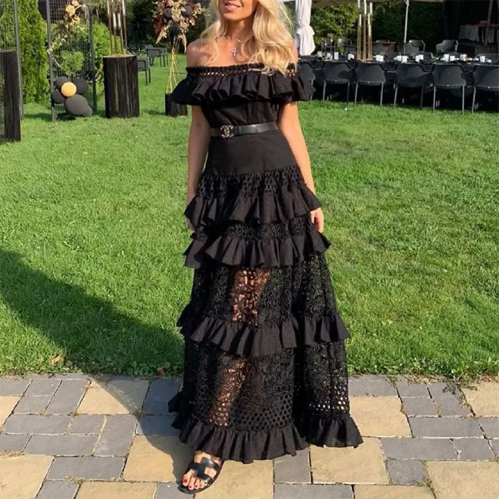 New European and American foreign trade women's one shoulder lotus leaf edge hollow out lace dress long skirt