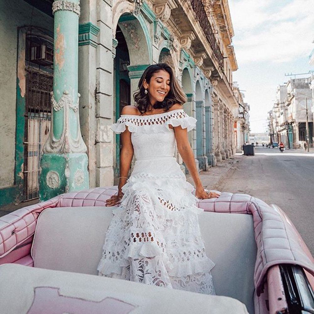 New European and American foreign trade women's one shoulder lotus leaf edge hollow out lace dress long skirt