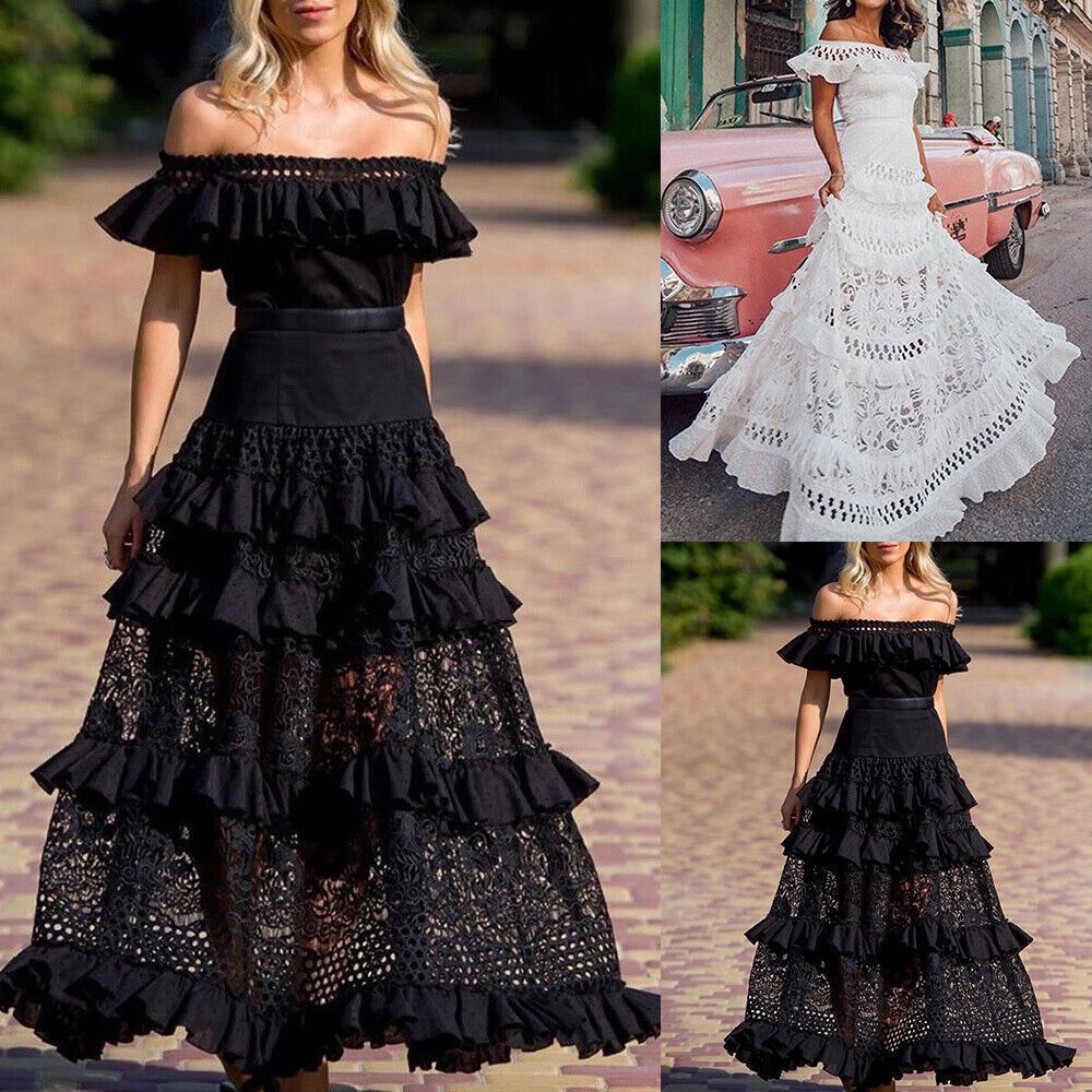 New European and American foreign trade women's one shoulder lotus leaf edge hollow out lace dress long skirt