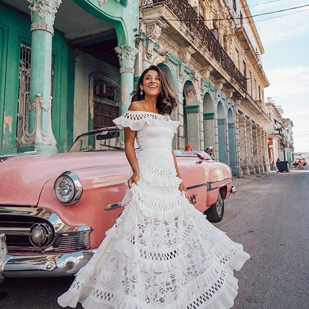 New European and American foreign trade women's one shoulder lotus leaf edge hollow out lace dress long skirt