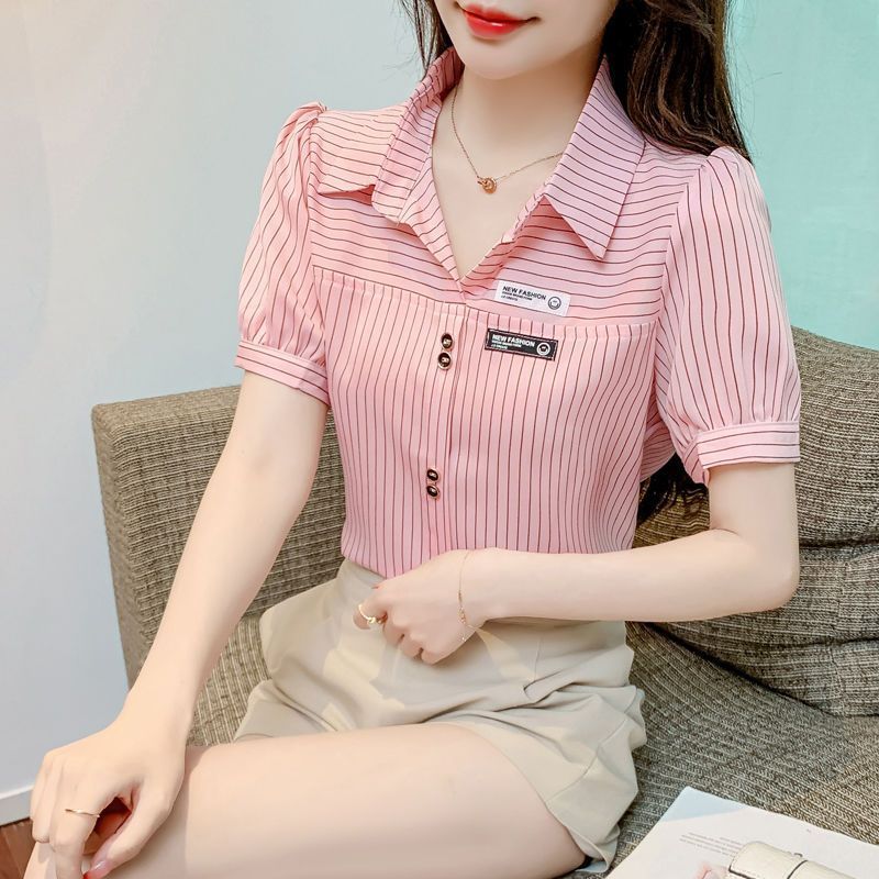 Short sleeved striped shirt, women's casual western-style, age reducing chiffon cardigan top, trendy