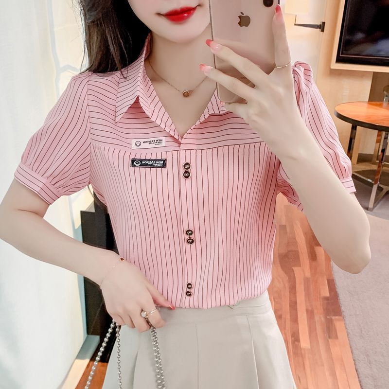 Short sleeved striped shirt, women's casual western-style, age reducing chiffon cardigan top, trendy