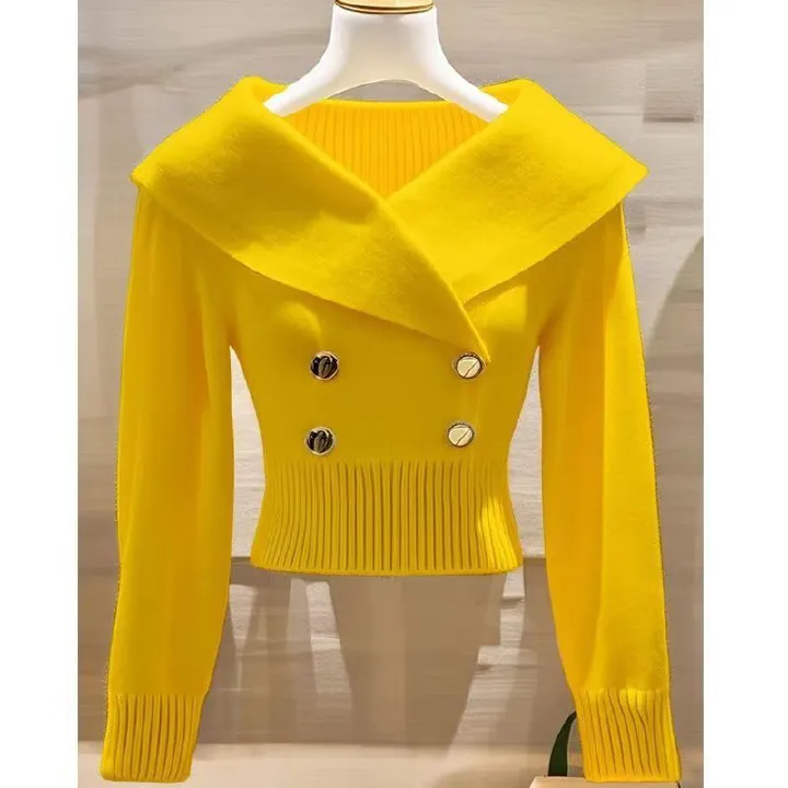 Fashionable Xiaoxiang style white large collar knitted sweater for women, autumn and winter, stylish waist cinching and slimming sweater One size fits all [80-160 pounds]