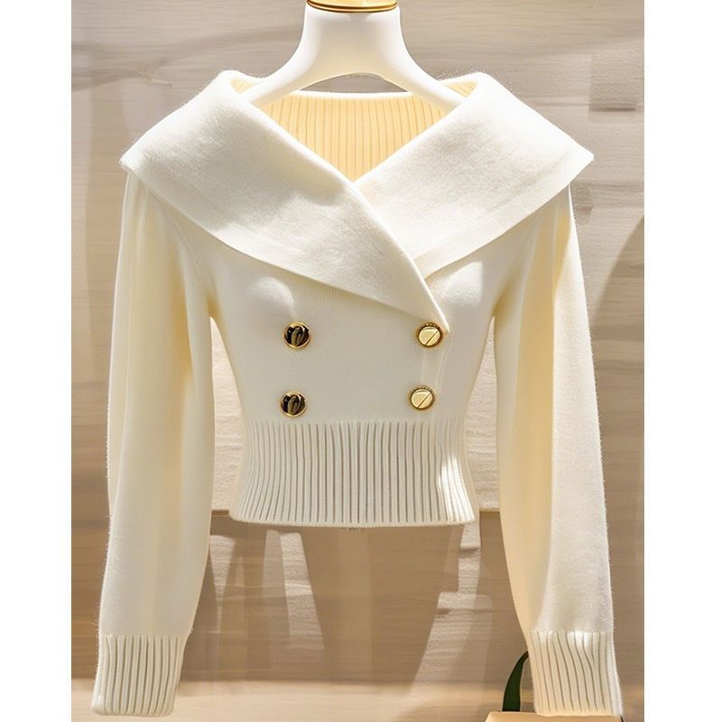 Fashionable Xiaoxiang style white large collar knitted sweater for women, autumn and winter, stylish waist cinching and slimming sweater One size fits all [80-160 pounds]