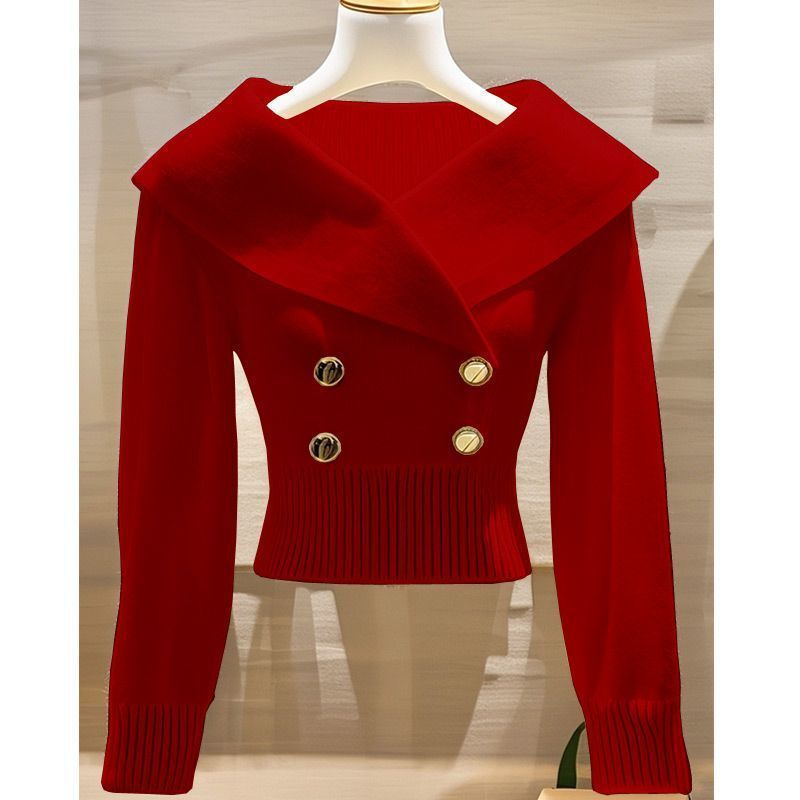 Fashionable Xiaoxiang style white large collar knitted sweater for women, autumn and winter, stylish waist cinching and slimming sweater One size fits all [80-160 pounds]