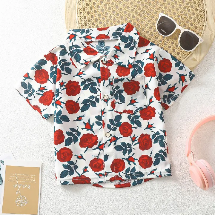 Children's shirt, boys and girls' lapel shirt, summer baby short sleeved Korean floral top, doll shirt