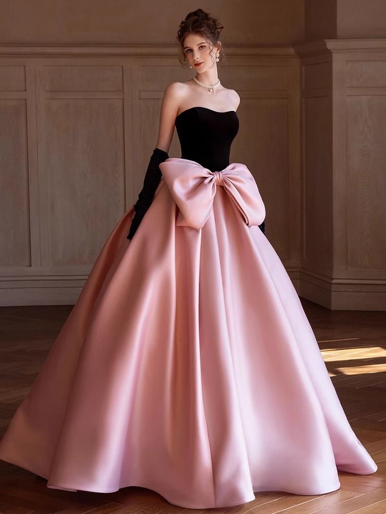 High end evening dress, pink and black bow princess dress, engagement banquet temperament, student day coming of age ceremony, art exam dress