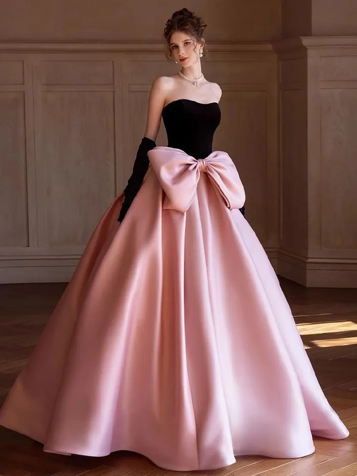High end evening dress, pink and black bow princess dress, engagement banquet temperament, student day coming of age ceremony, art exam dress