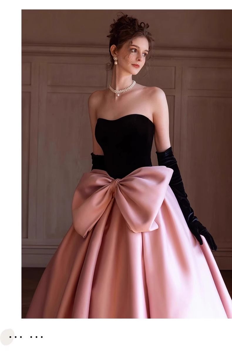 High end evening dress, pink and black bow princess dress, engagement banquet temperament, student day coming of age ceremony, art exam dress