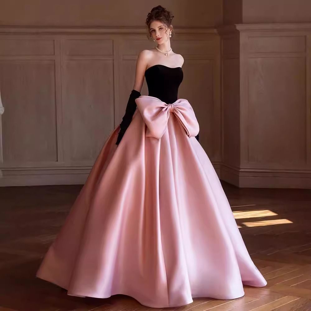 High end evening dress, pink and black bow princess dress, engagement banquet temperament, student day coming of age ceremony, art exam dress