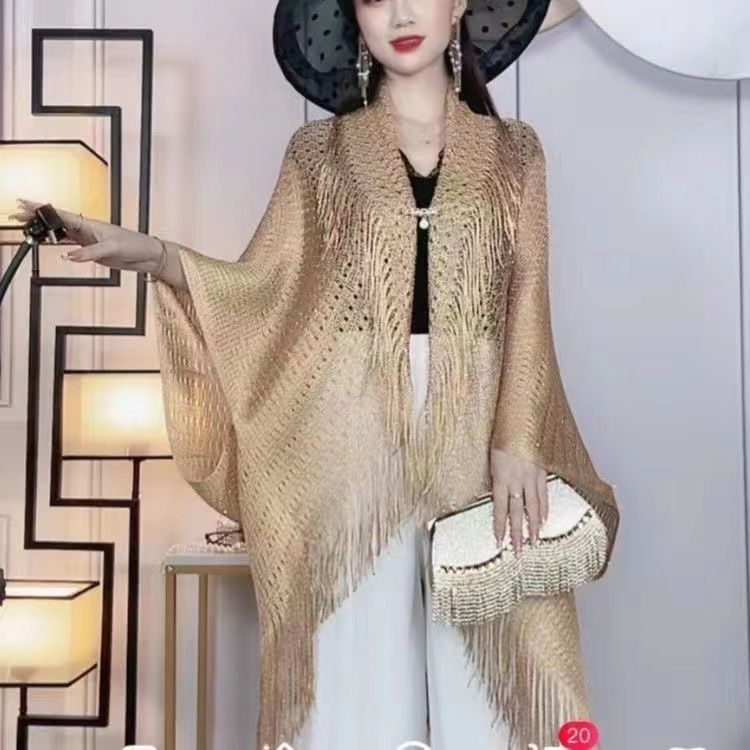 Gold and silver wire hollow tassel shawl for women's outdoor wear, summer thin fashion sunscreen ice silk cardigan