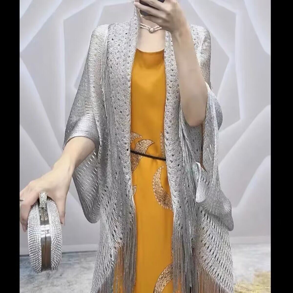 Gold and silver wire hollow tassel shawl for women's outdoor wear, summer thin fashion sunscreen ice silk cardigan