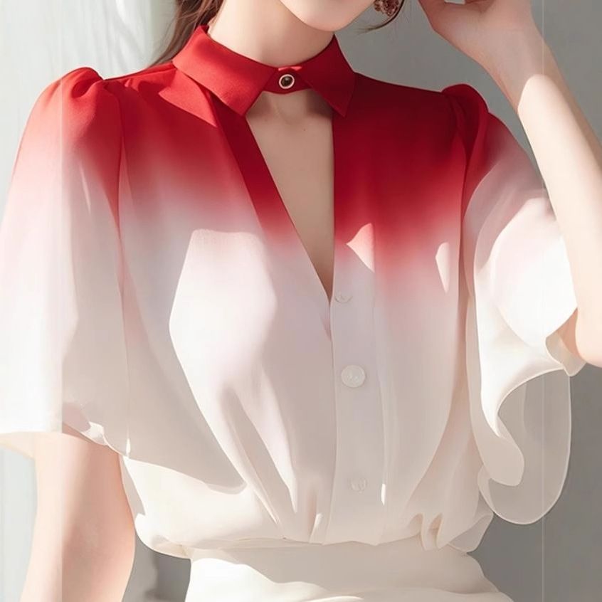 French luxury, good-looking temperament, small shirt design, stomach covering chiffon white gradient shirt, women's summer style