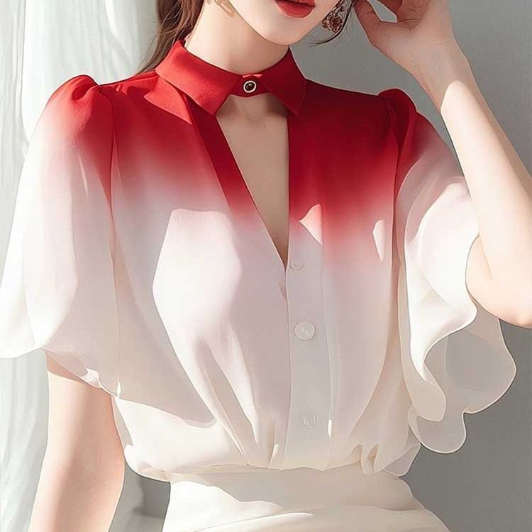 French luxury, good-looking temperament, small shirt design, stomach covering chiffon white gradient shirt, women's summer style