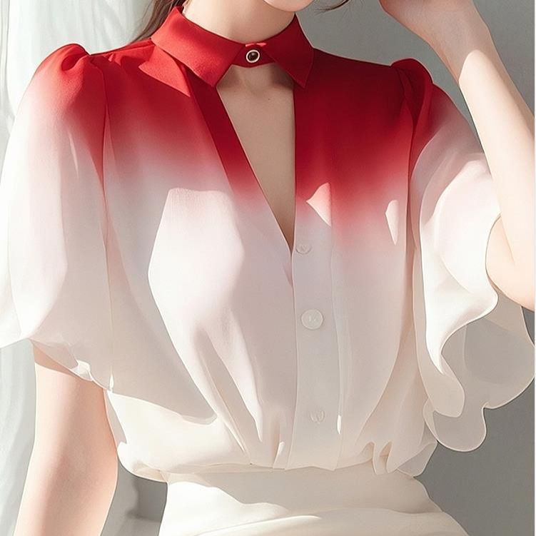 French luxury, good-looking temperament, small shirt design, stomach covering chiffon white gradient shirt, women's summer style
