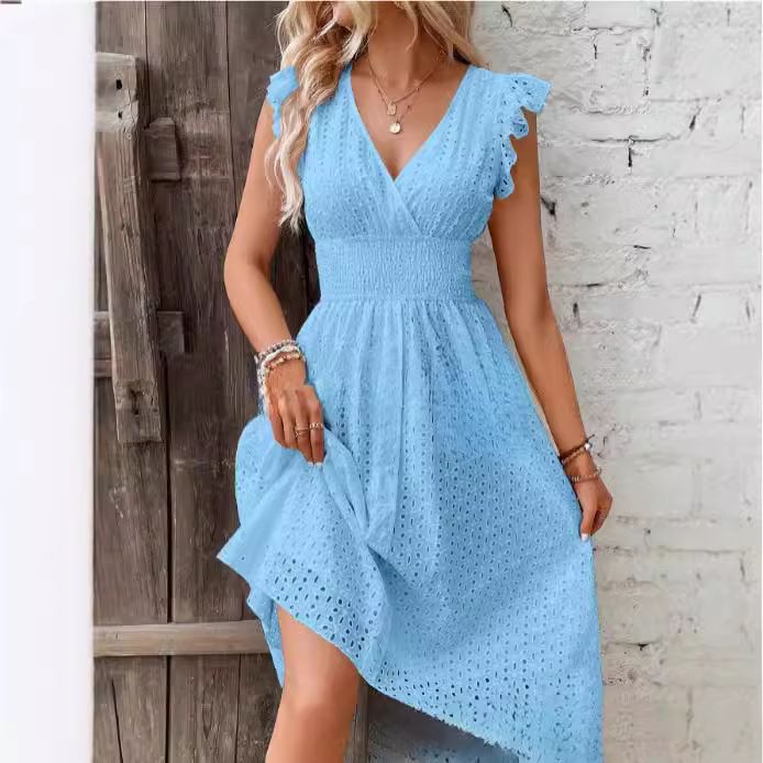 European and American summer new lotus leaf sleeves elegant V-neck slimming hollow out plus size dress
