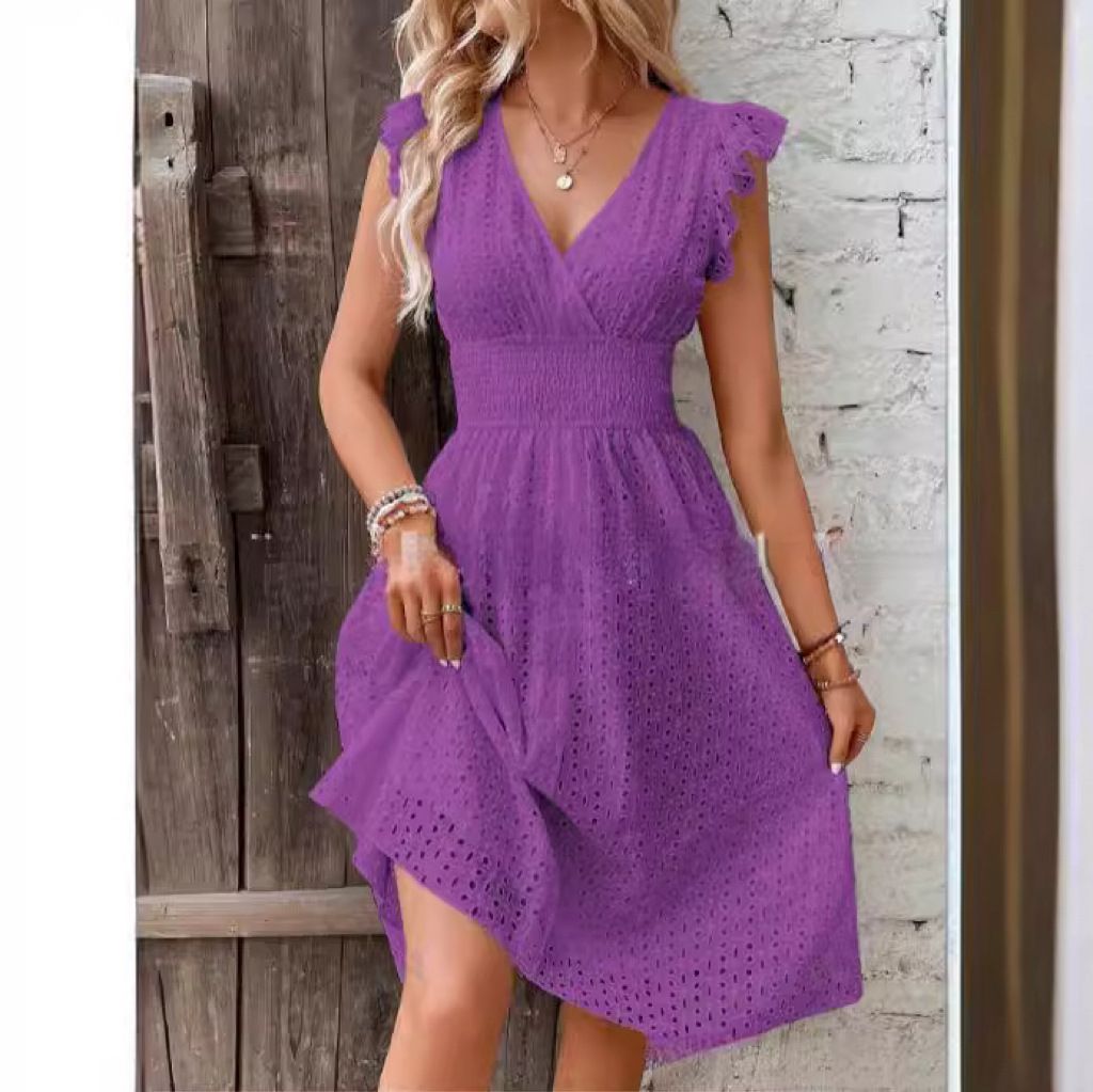 European and American summer new lotus leaf sleeves elegant V-neck slimming hollow out plus size dress