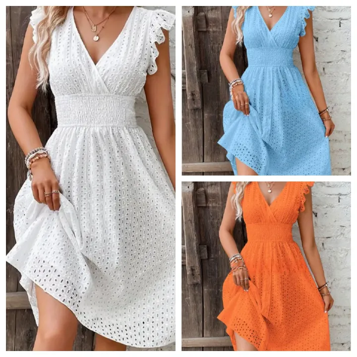 European and American summer new lotus leaf sleeves elegant V-neck slimming hollow out plus size dress