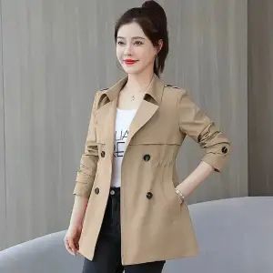 New Korean version windbreaker for women in the Spring and Autumn period, with a Western style and a sense of drape. Women's small stature, waist cinching, medium length coat