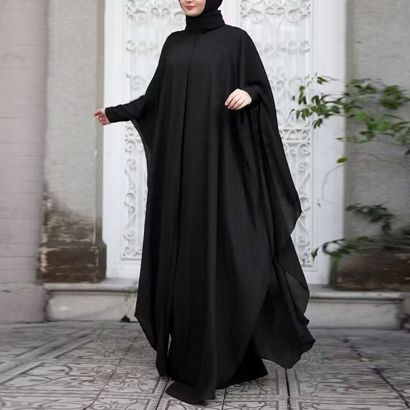 New Middle East Women's Türkiye Robe Round Neck Loose Solid Bat Sleeve Dress