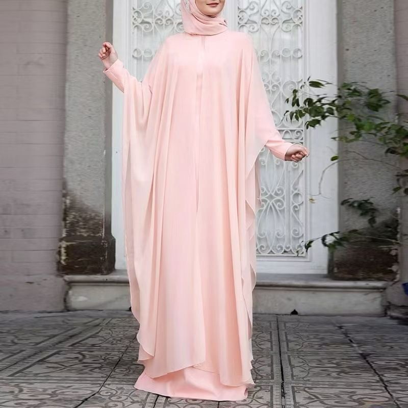 New Middle East Women's Türkiye Robe Round Neck Loose Solid Bat Sleeve Dress