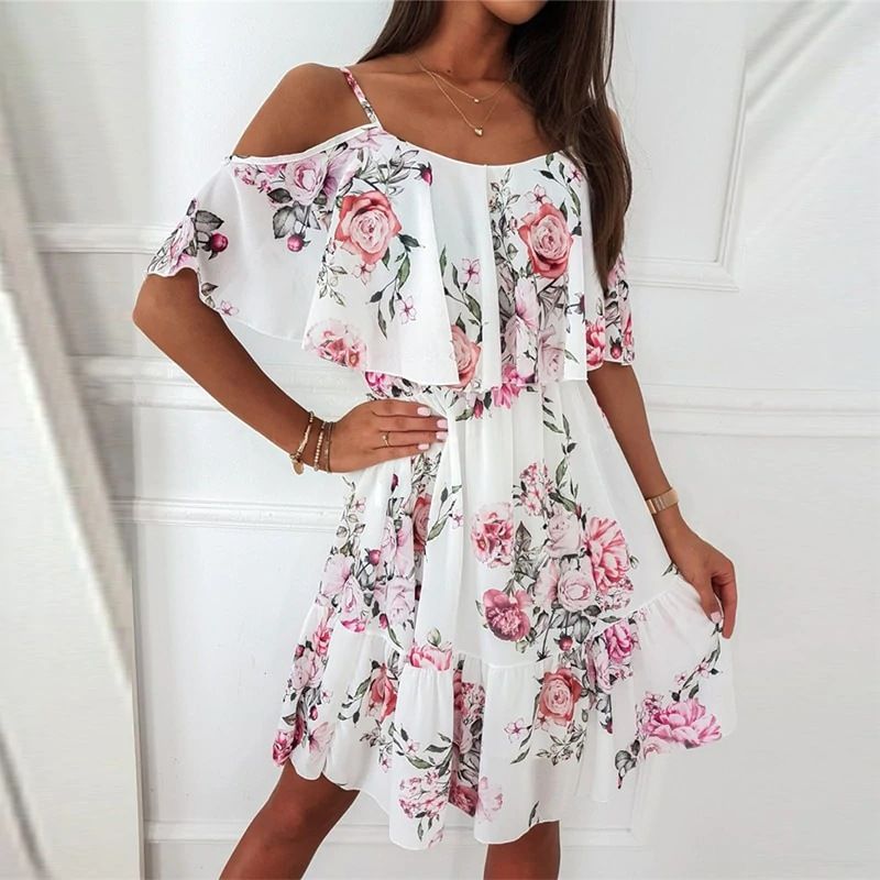 Spring/Summer New European and American Chiffon Printed Sexy Off Shoulder Strap Large Swing Ruffle Edge Dress