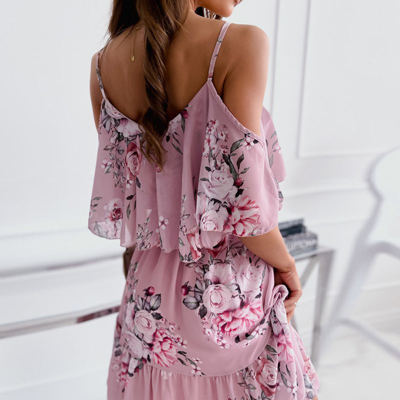 Spring/Summer New European and American Chiffon Printed Sexy Off Shoulder Strap Large Swing Ruffle Edge Dress