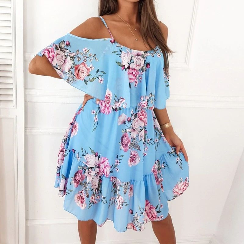 Spring/Summer New European and American Chiffon Printed Sexy Off Shoulder Strap Large Swing Ruffle Edge Dress