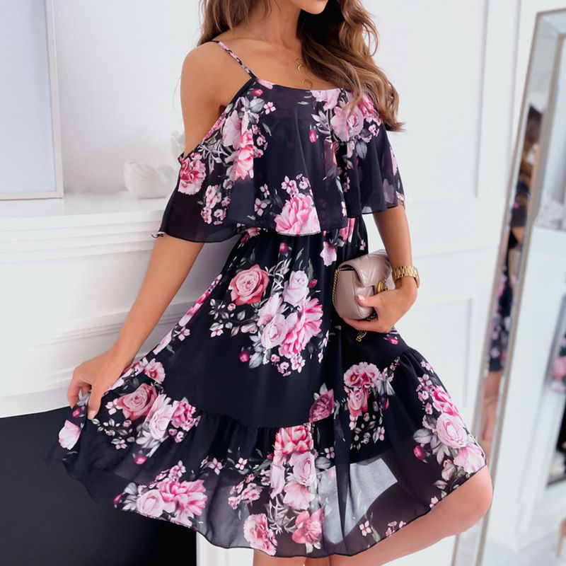 Spring/Summer New European and American Chiffon Printed Sexy Off Shoulder Strap Large Swing Ruffle Edge Dress