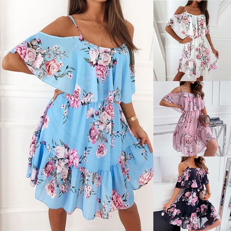 Spring/Summer New European and American Chiffon Printed Sexy Off Shoulder Strap Large Swing Ruffle Edge Dress