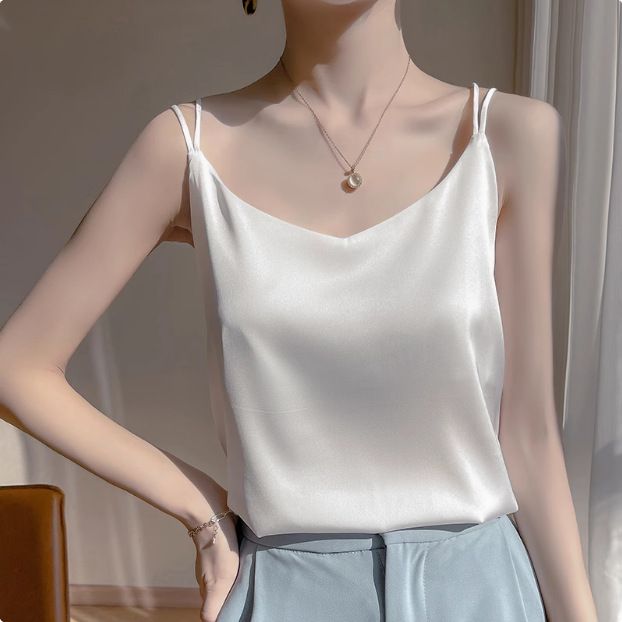 Strap vest for women, white back, acetate imitation silk top, satin summer suit, imitation base shirt
