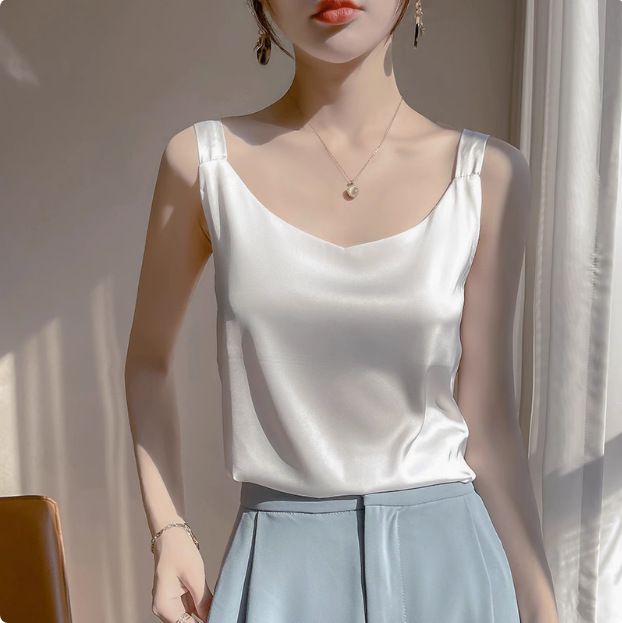 Strap vest for women, white back, acetate imitation silk top, satin summer suit, imitation base shirt