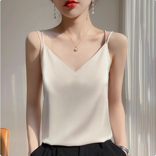 Strap vest for women, white back, acetate imitation silk top, satin summer suit, imitation base shirt