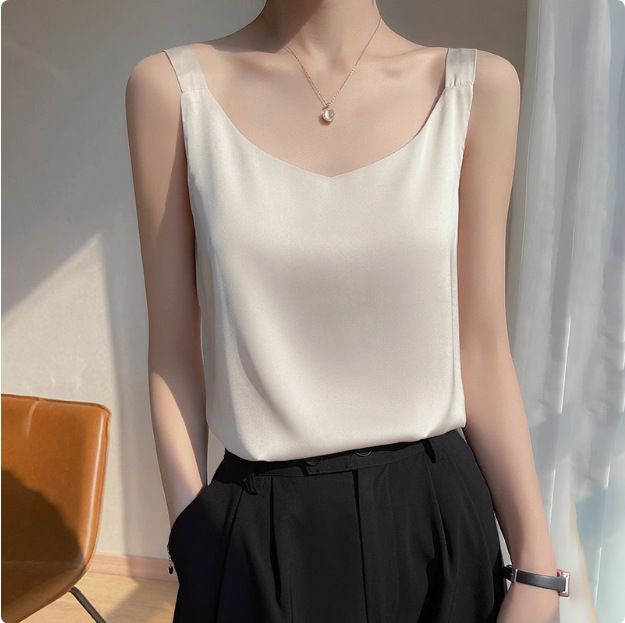 Strap vest for women, white back, acetate imitation silk top, satin summer suit, imitation base shirt